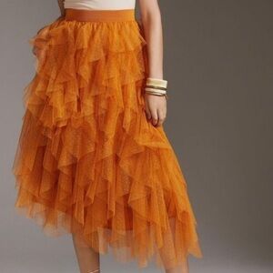 Anthropologie Cheri Ruffle Tulle Elastic Waist Orange Preppy Midi Skirt M
